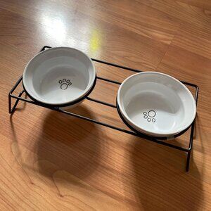Ceramic Stoneware Bowls and Metal Stand for Cat or Small Dog. NEW, NEVER USED!